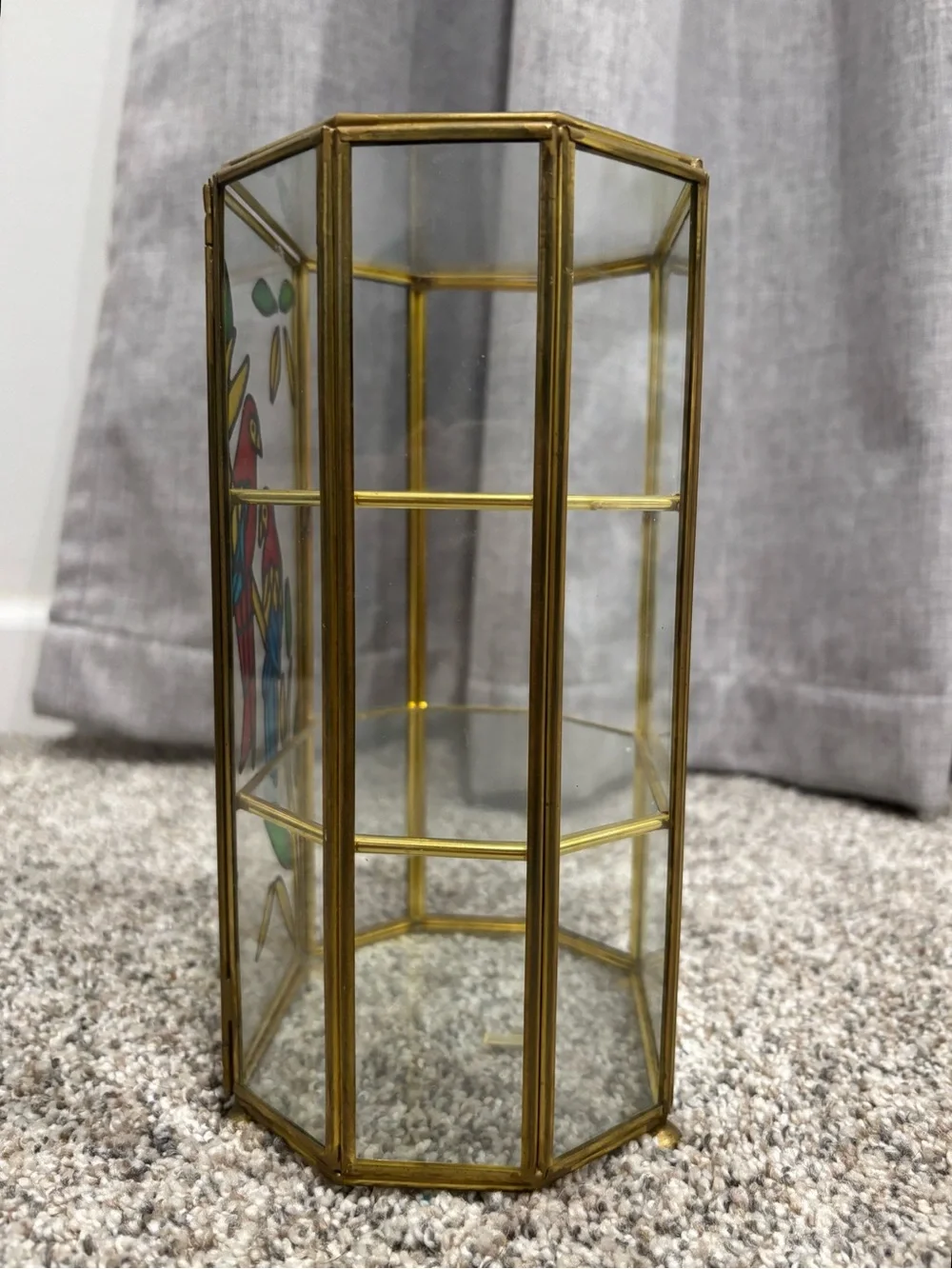 Vintage Brass Hexagonal Glass Curio Cabinet With Stained Glass Parrots